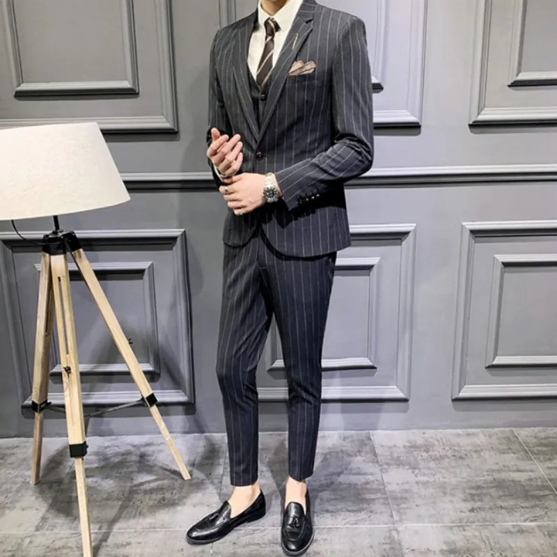 Мужской приталенный деловой комплект из 3 предметов Свадебный костюм в полоску