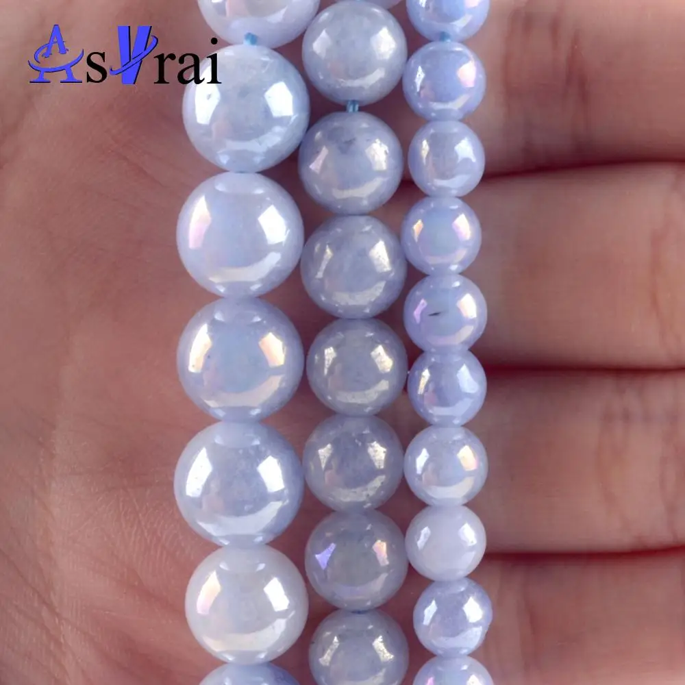 

Natural Stone Light Blue Plated AB Stone Round Beads Spacer Loose Beads For Jewelry Making 4/6/8/10mm Diy Bracelets Strand 15"