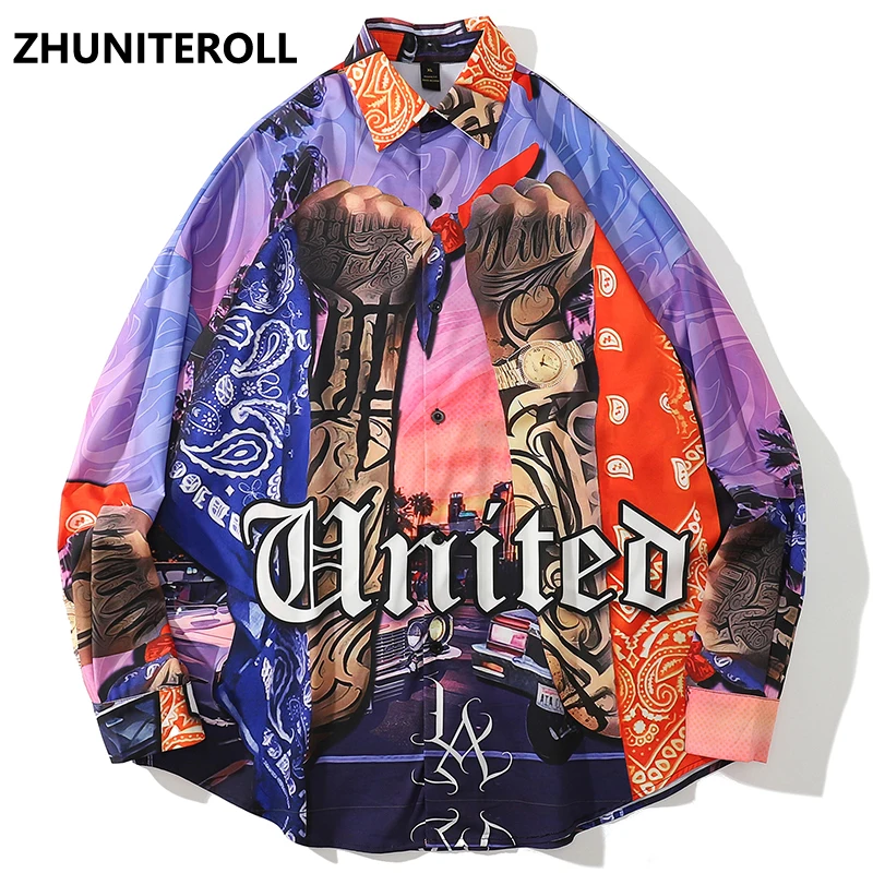 

Модные рубашки в стиле хип-хоп с буквенным принтом в стиле Харадзюку 2021, винтажная блузка с длинным рукавом, свободная уличная одежда, топы о...