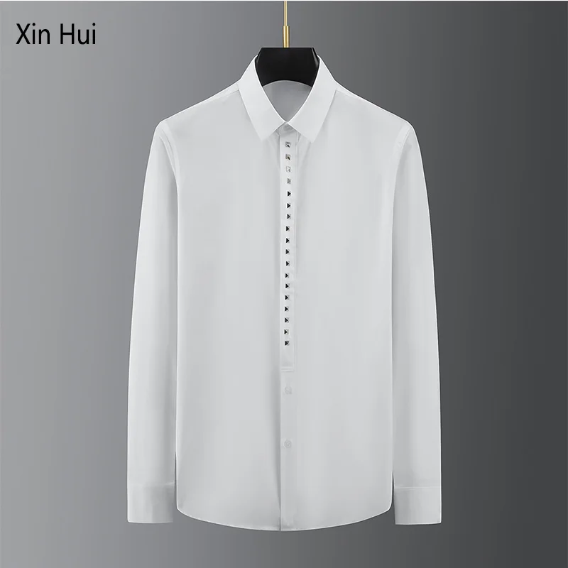 

NEW Autumn and winter new big-name high-quality placket metal diamond handmade rivets men's business casual long-sleeved shirt