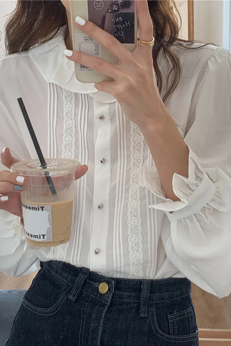 

New Summer Temperament All-match Ruffled-neck long sleeve Shirt lace stitching single breasted Shirt top 2021