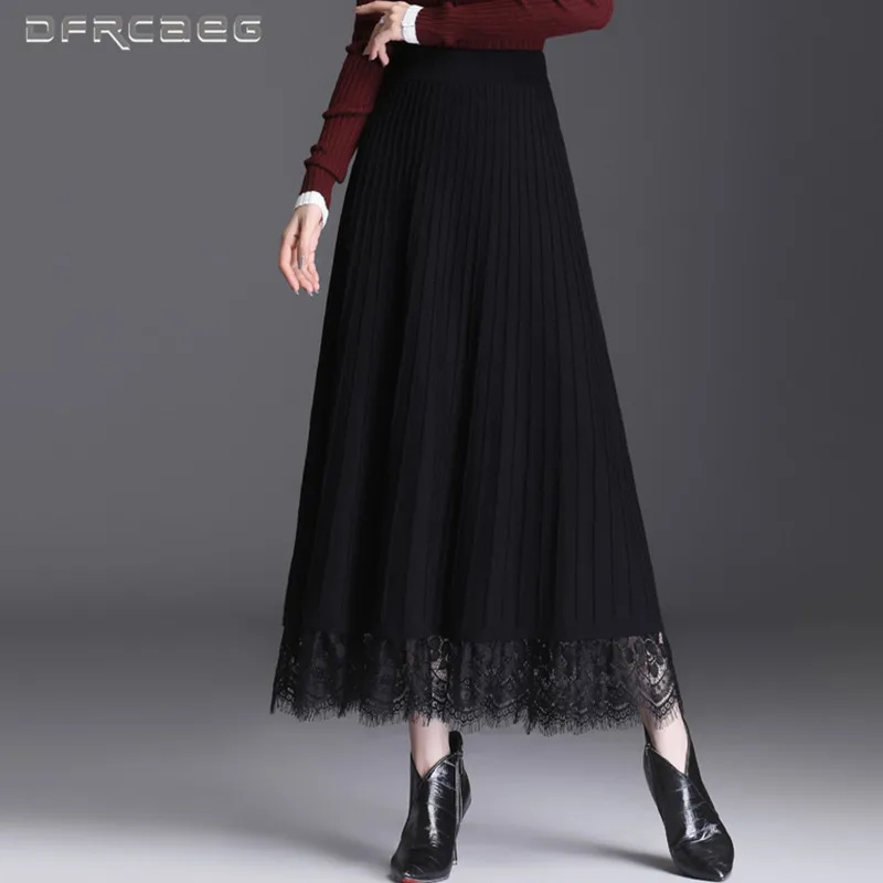 

Black Patchwork Lace Knitted Long Skirt Women 2020 Autumn Winter Elegant Elastic High Waist Sweater Knit Pleated Skirts Woman