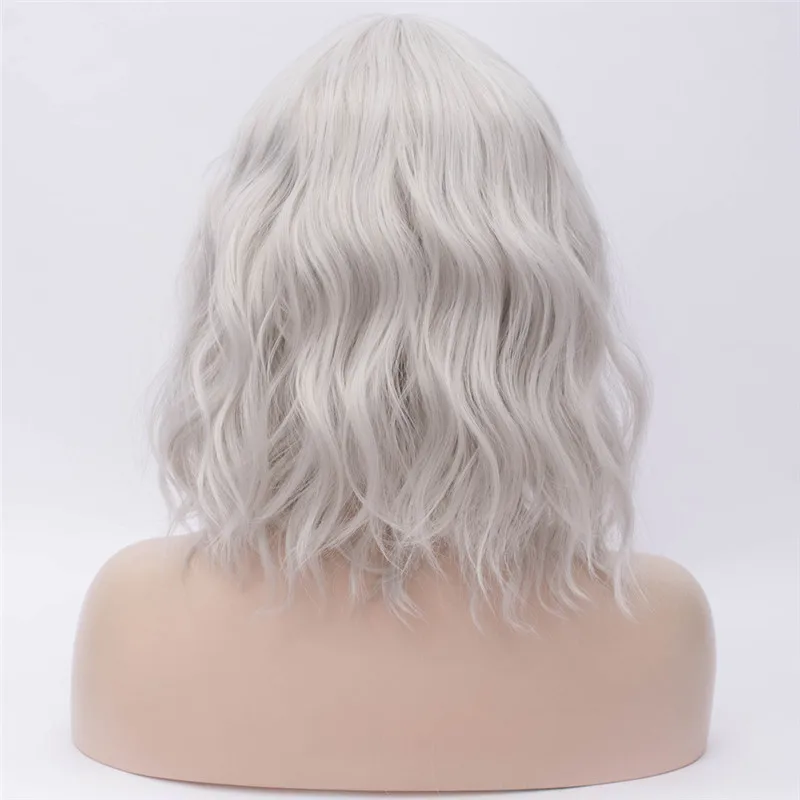 Серебристый серый MSI Wigs, Короткие парики для косплея, фиолетовый, для женщин, кудрявый, красный, синий, парик с боковой челкой, зеленый, розовый, синтетический парик, жаростойкий - Цвет: Серебристый серый