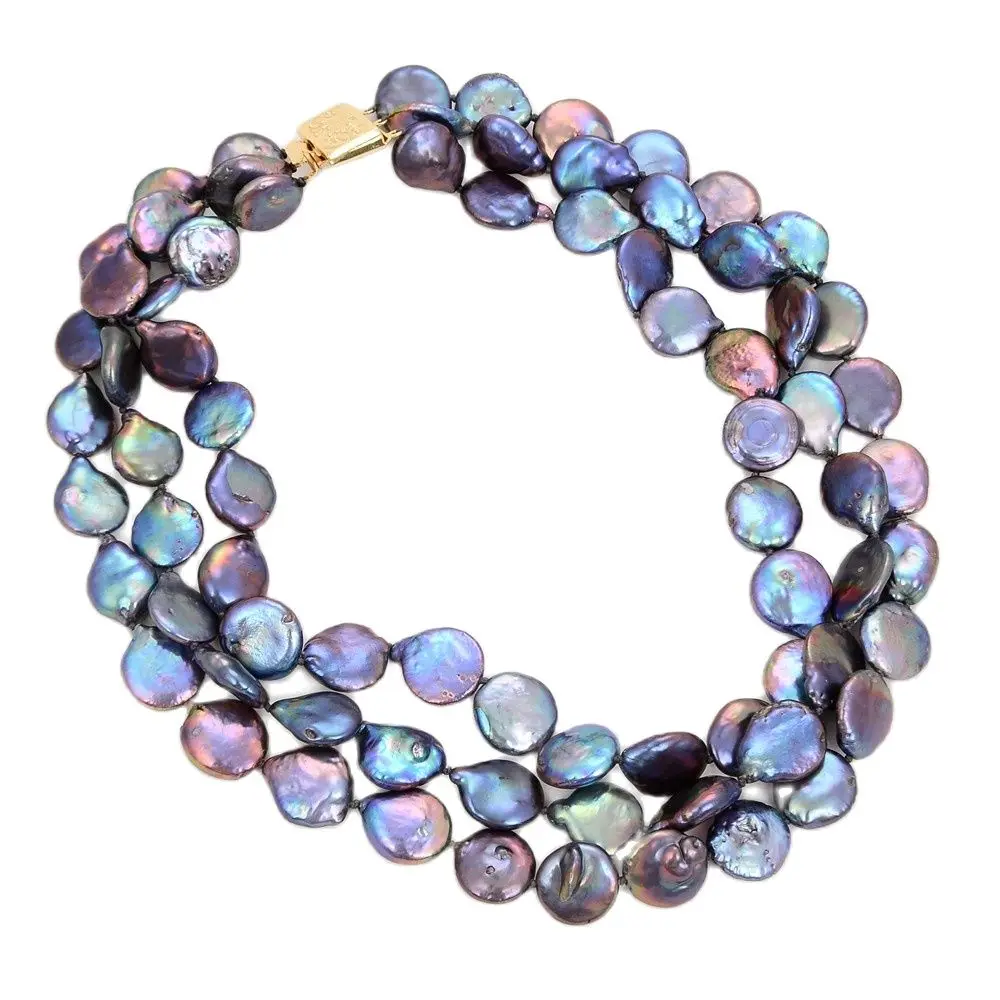 

GG Jewelry Beautiful 3 Strands Natural 13MM Black Coin Pearl Necklace