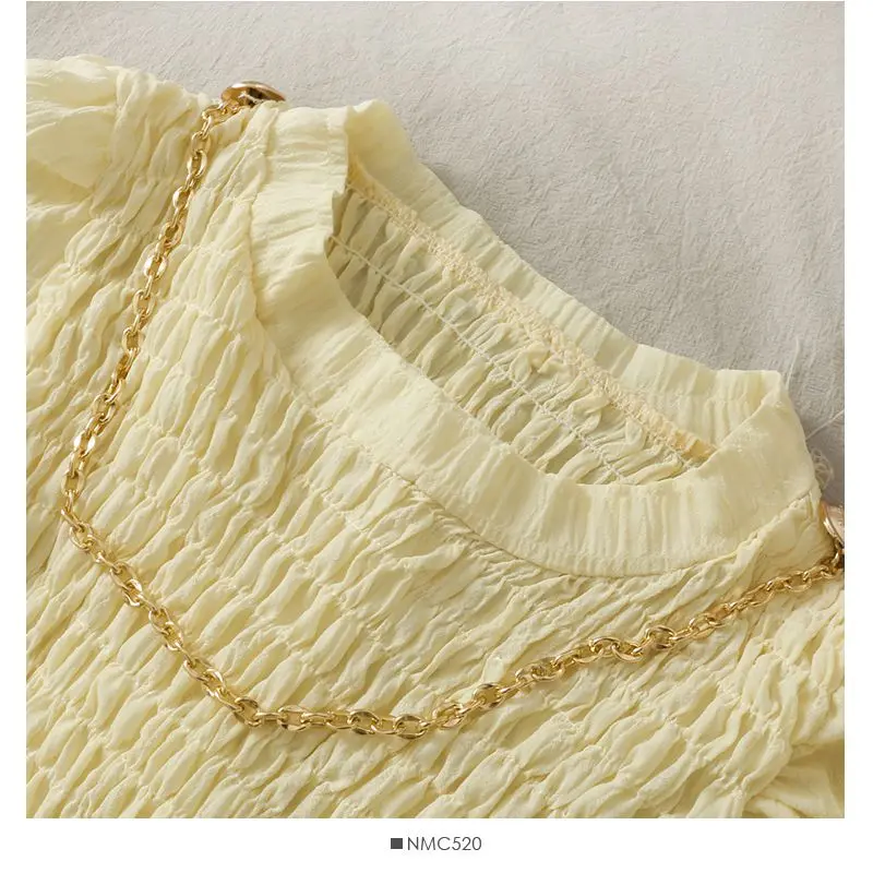 

Korean Pleated Round Neck Short Sleeve Shirts FZ212 Women's 2021 Summer Slim Waist Foreign Style Ruffles Blouses Tops