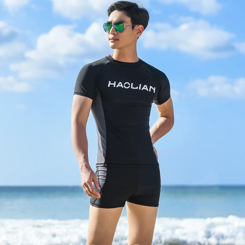 New Men's Swimwear Suit Short-sleeved Shirt Boxer Swim Trunks Loose XL Split Swimwear Quick-drying