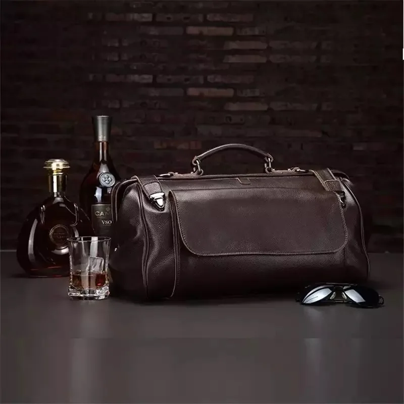 

Top Grade Black Coffee Genuine Leather Travel Bag With Metal Buckle Men Fashion Travel Handbags Anti Theft Designer Duffle Bag
