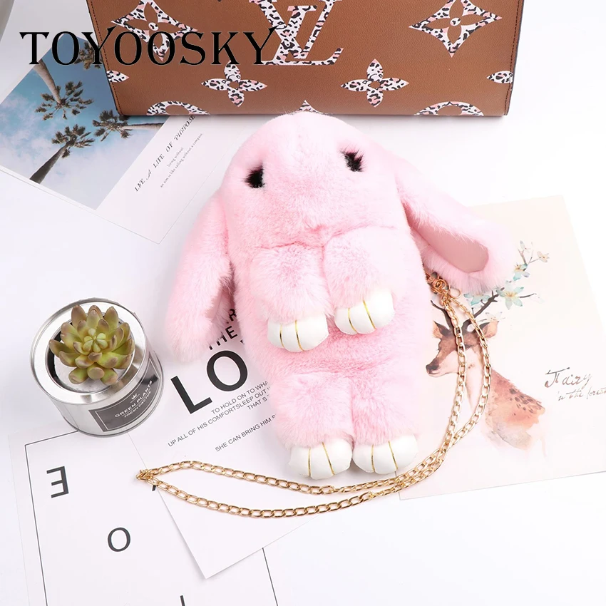 Милая пушистая сумка через плечо с кроликом TOYOOSKY меховая помпонами и цепочкой