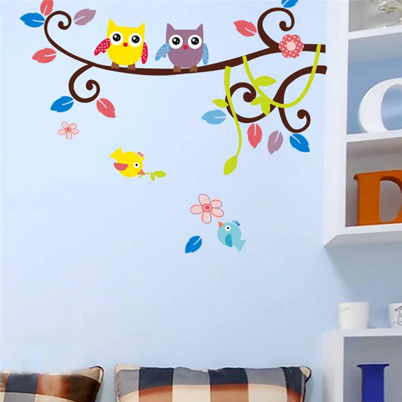 

Cute Owlets Bird On Flower Vine Wall Stickers For Kids Room Bedroom Home Decorations Diy Animal Mural Art Girls Wall Decal