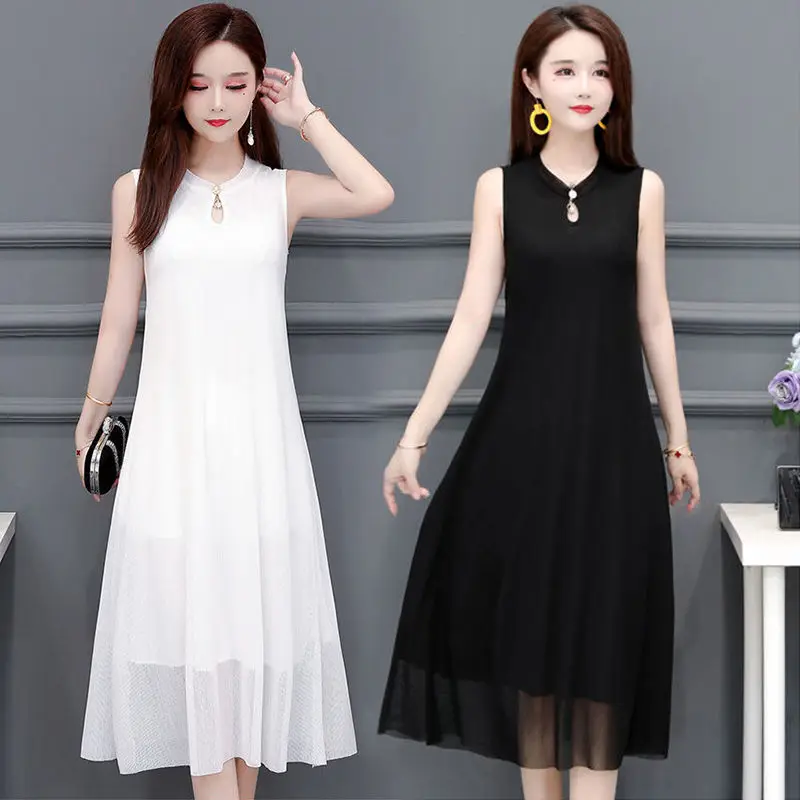 

Women Summer Dress New Fashion Female Casual Round- Neck Sleeveless Plus Size 5XL Slim Knee-Length Sling Midi Soild Dress YM195