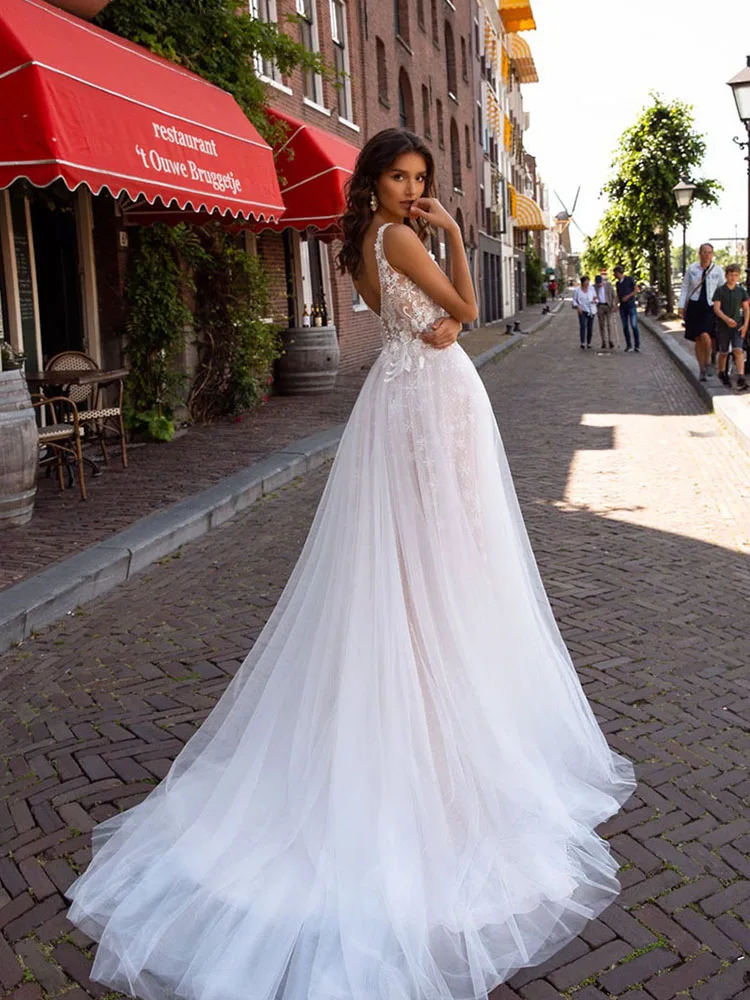 

Hi Shy Bride New simple wedding dress backless sleeveless design chiffon lace bride dresses princess dress plus size tailor-made