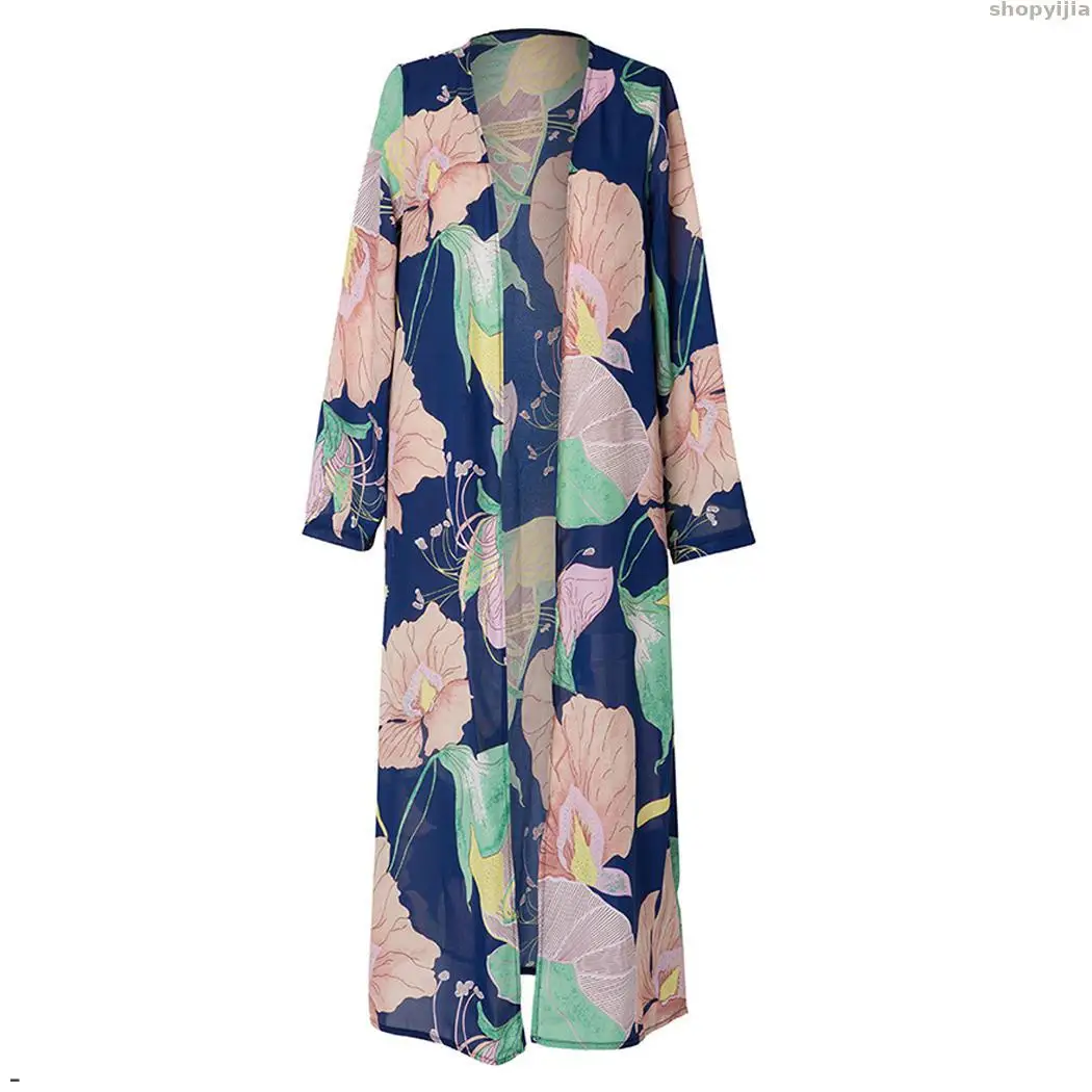 Fashion Spring Summer Beach Cover Up Long Tops Kimono Cardigan Floral Printed Sleeve Boho Loose Ladies Shirts Women Chiffon | Женская