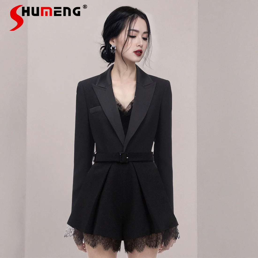

Casual Single Breasted Lace Jumpsuit Black Blazer Ladies 2022 Spring Solid ColorLace-Trimmed Shorts Suit Female One Piece