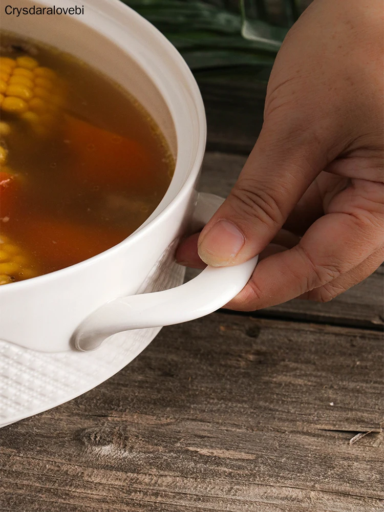 

Creative Nordic Ceramic Handle Salad Fruit Soup Bowl With Lid Anti-scalding Noodle Rice Food Pot Dessert Breakfast Oat