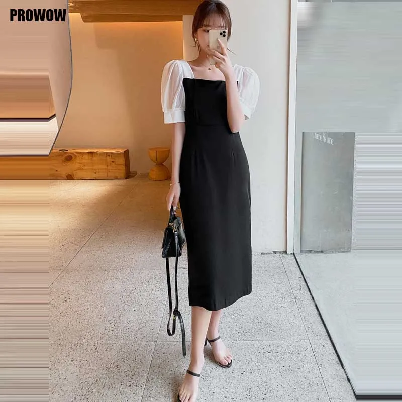 

Korean Office Ladies Elegant Dress French Vintage Slim Square Collar Short Sleeve New Dresses 2021 Summer Women One-Piece Dress