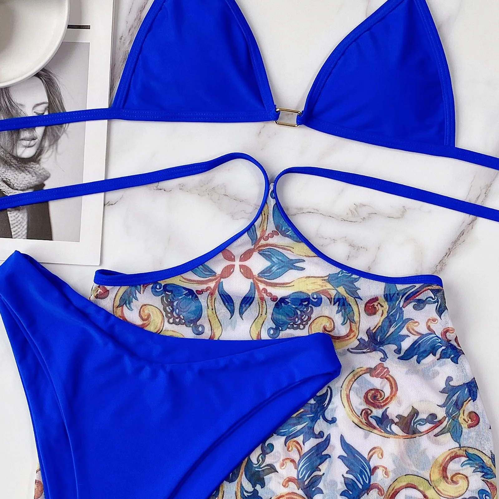 

Ladies Fashion Swimwear Beach Bikini Sexy Printed Split Swimsuit 3-piece Set 2021 New Sexy Swimsuit Print High Waist Bikini Set