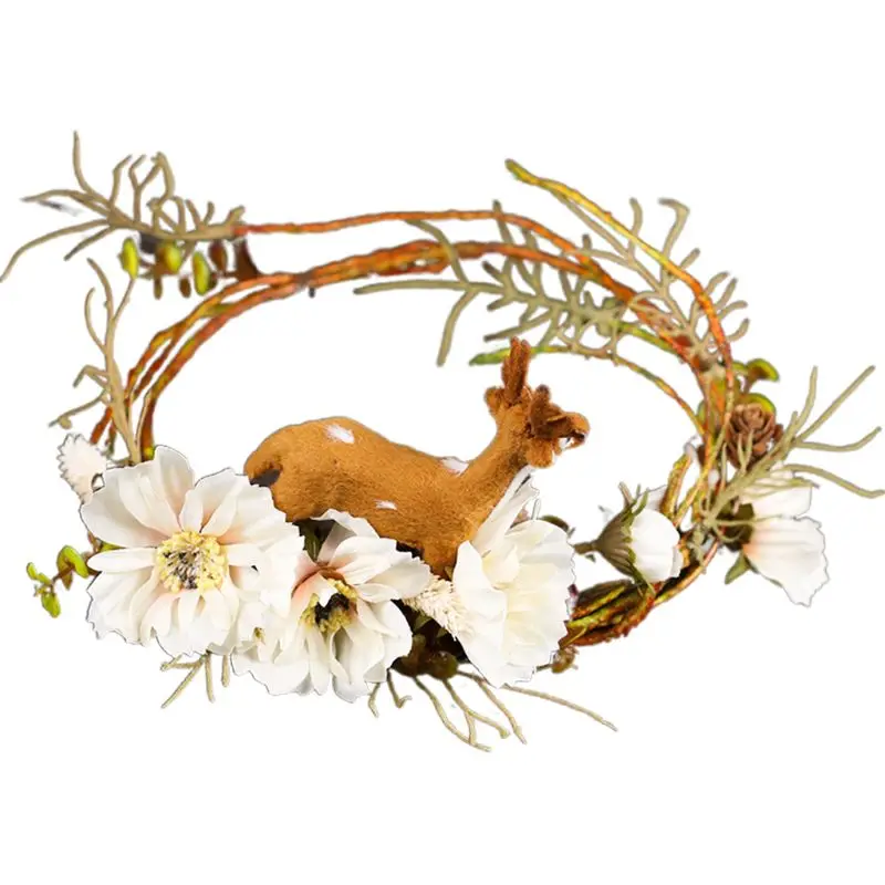 

Forest Style Bridal Crown Headband Tiara Cartoon 3D Deer Fawn Rattan Wreath Simulation Flower Pine Cone Wedding Garland