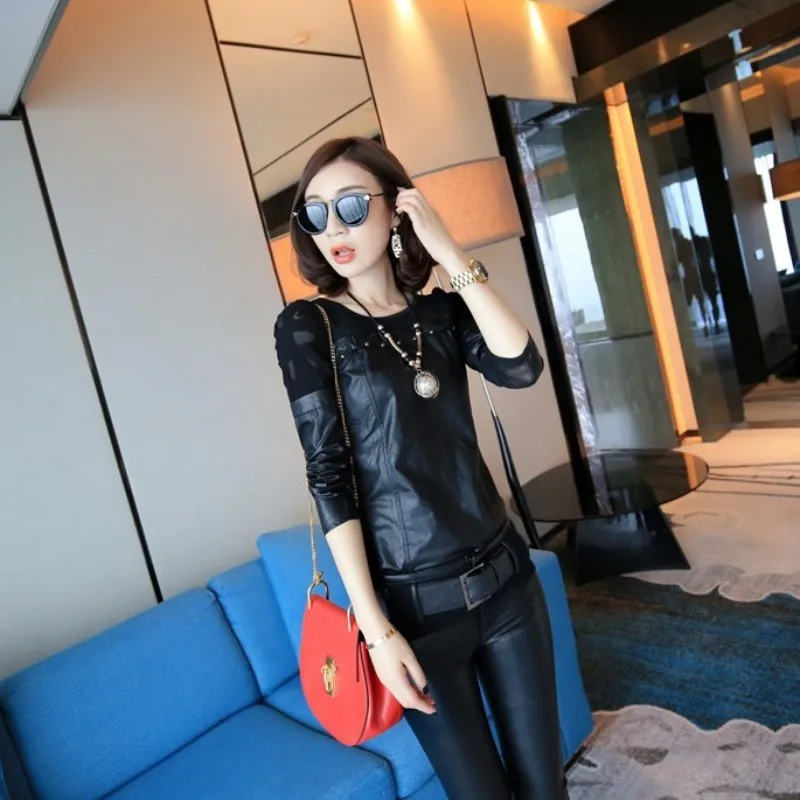 Women Fashion Pu Leather T-shirt Lace Pathwork Long Sleeve Tops Pullover Slim Fit O Neck Faux Tees Shirts Top | Женская одежда