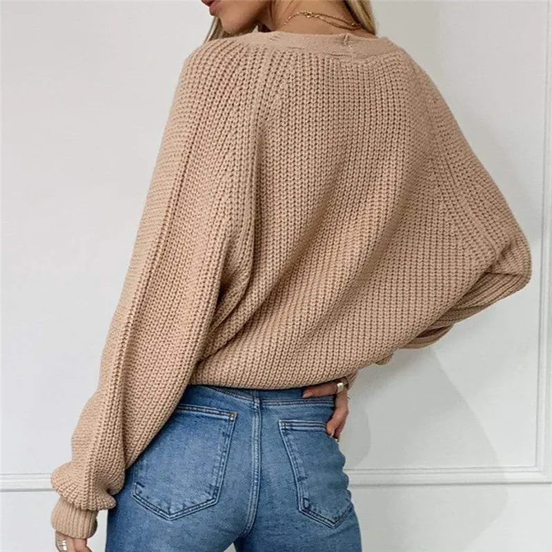 

Women Solid Casual Sweater Oversize V Neck Knitted Cardigans 2021 Warm Loose Lantern Sleeve Single Row Button Female Coat