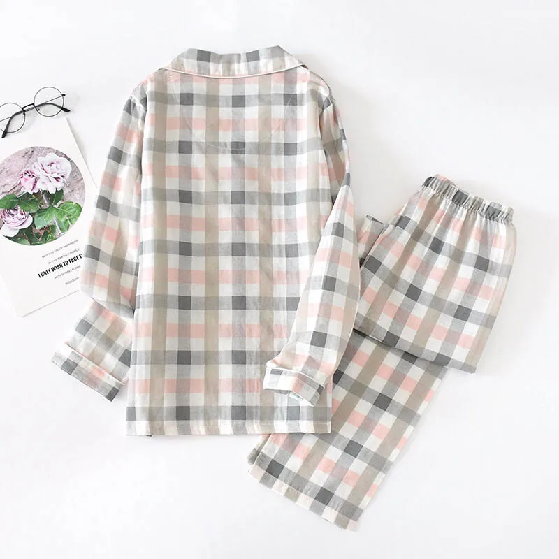 Simple Style Men And Women Plaid Homewear Lovers Full Sleeve Pajamas Set Coup;es Comfort Gauze Cotton Sleepwear Set For Spring