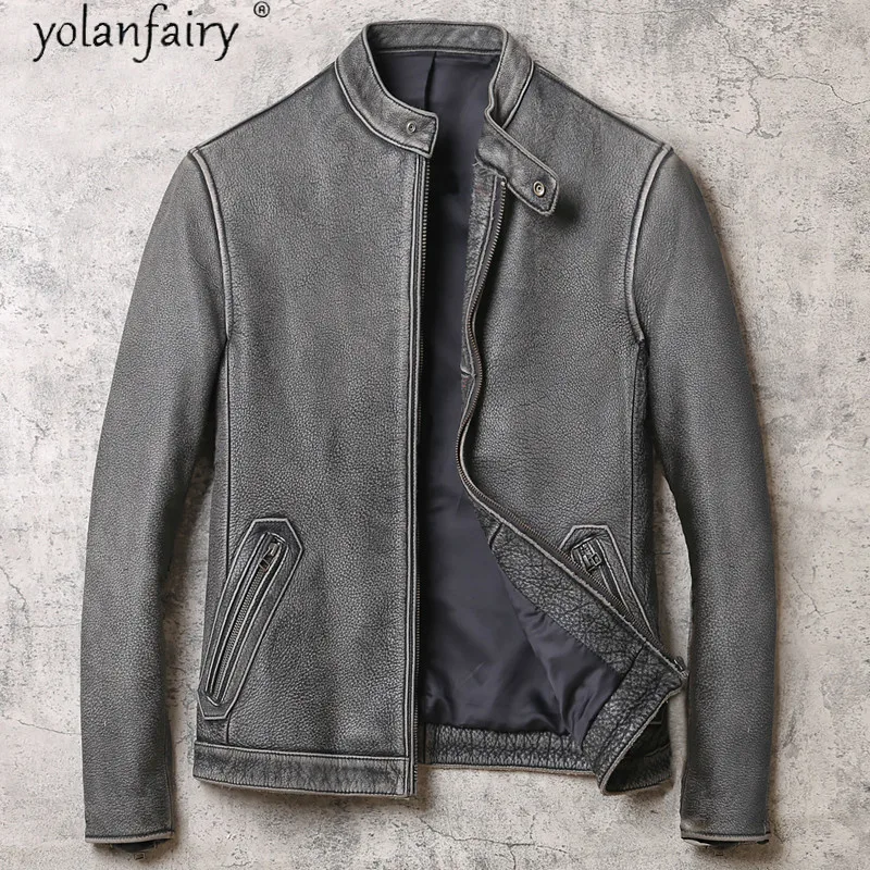 

Ремешками из натуральной кожи на весну-осень куртка для мужчин в байкерском стиле в винтажном стиле; Куртка из бычьей кожи мужская одежда па...