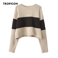 tropicon khaki striped crewneck sweaters winter clothes women pullovers loose ribbed top knitted sweater knitwear 2021 fall