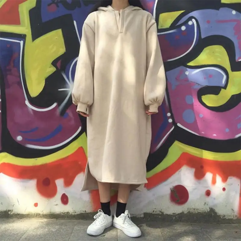 Женское осенне зимнее платье с длинным рукавом однотонное свободное флисовое