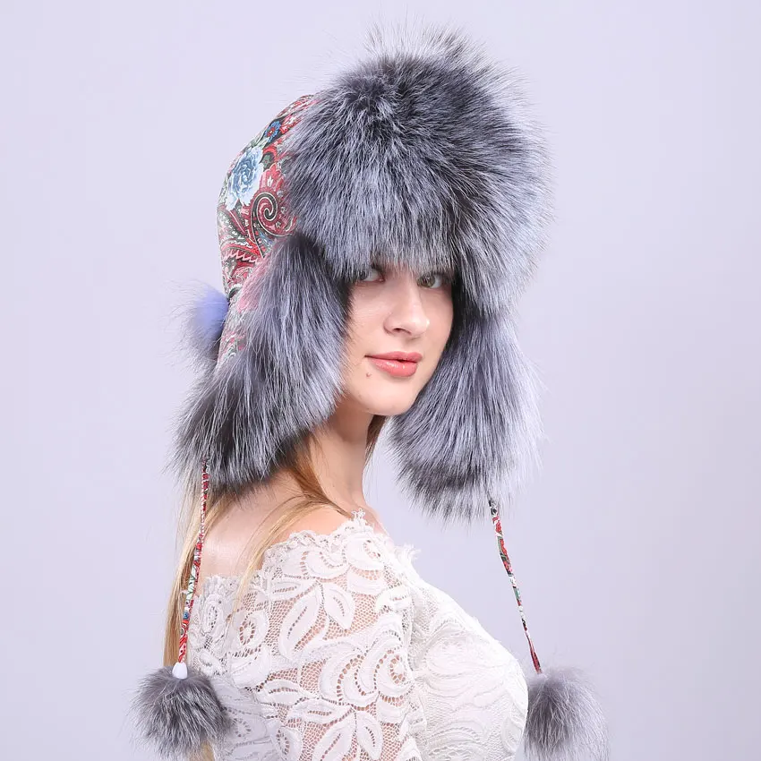 

Natural Real Fox Fur Snowboard Cap Winter PU Leather Hat with Earflap PomPom Flower Print Women Fur Hats Winter Ski Mask Beanies