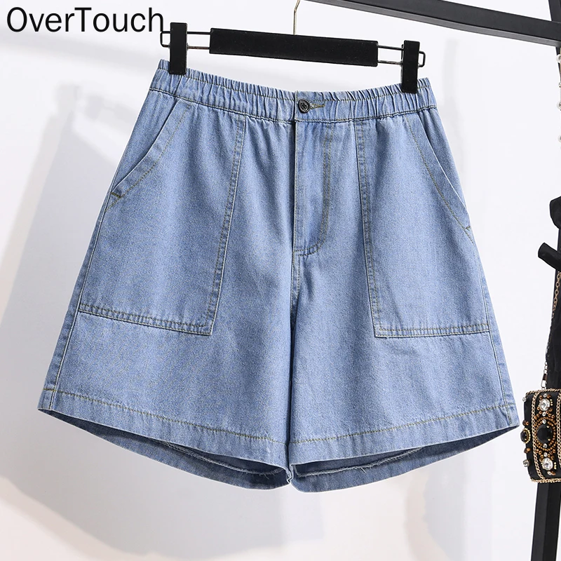 

Размера плюс, женские шорты, брюки джинсы с высокой эластичной талией джинсовая женская карманами однотонные свободные Классические летни...