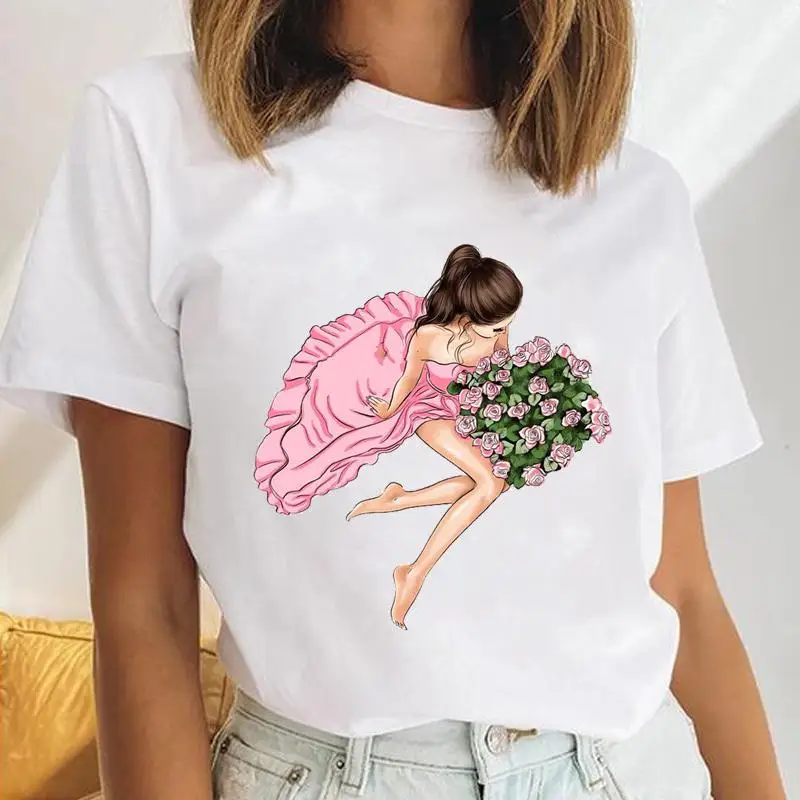 

Футболка женская с цветочным принтом, модная Милая рубашка с рисунком милого сердца, топ с графическим принтом, Повседневная Дамская Футбол...