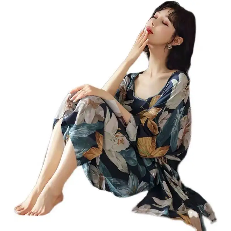 

Summer Pyjamas 3-Piece Suit Cotton Satin Kimono Women's Pajamas Bath Robe Sling Sleep Tops Long Pants Fresh Sleepwear Homewear