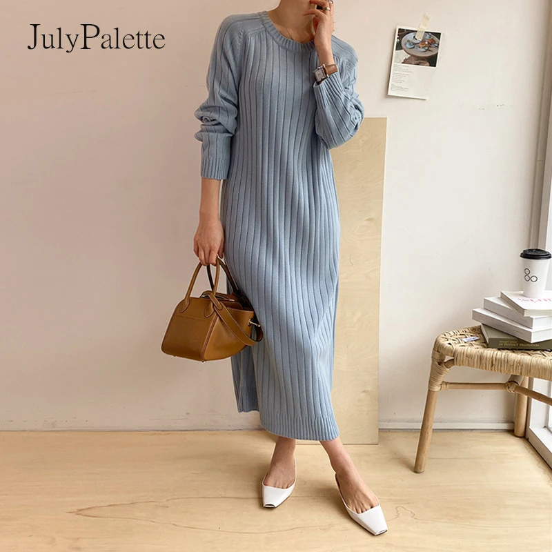 

JulyPalette Solid O-neck Knitted Dress Women's Long Knit Straight Dress Autumn Winter Casual Elastic Loose Femme Maxi