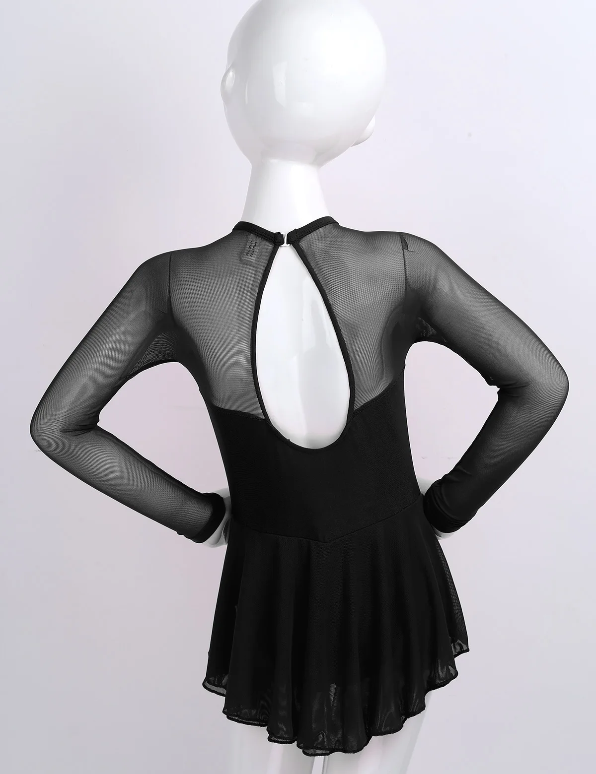 

Girls Figure Ice Skating Dress Sheer Long Sleeves Tulle Splice Cutouts Back Roller Skating Ballet Dance gymnastics Leotard Dress