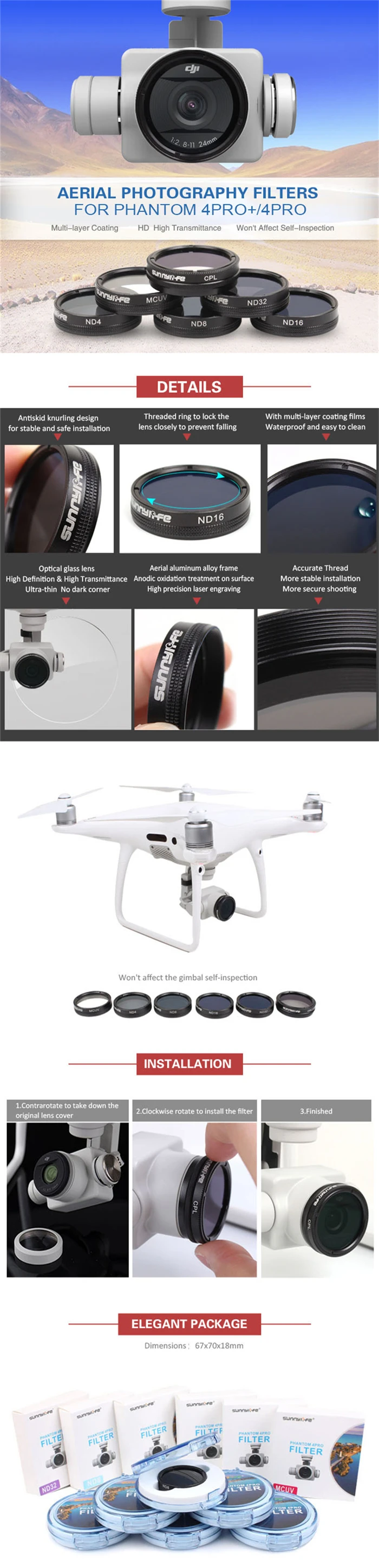 Sunnylife фильтр объектива камеры для DJI Phantom 4 PRO+ V2.0 Phantom 4 Advanced+ MCUV Регулируемый CPL ND4 ND8 ND16 ND32 фильтр