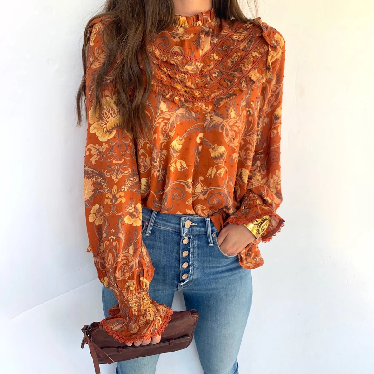 Женская рубашка в винтажном стиле Осенний пуловер с длинным рукавом и круглым