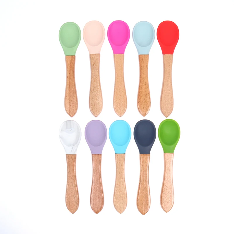 Cuchara de silicona para beb&eacute;, para aprendizaje cuchara de madera de Color caramelo, antideslizante, herramientas de alimentaci&oacute;n de alimentos-0