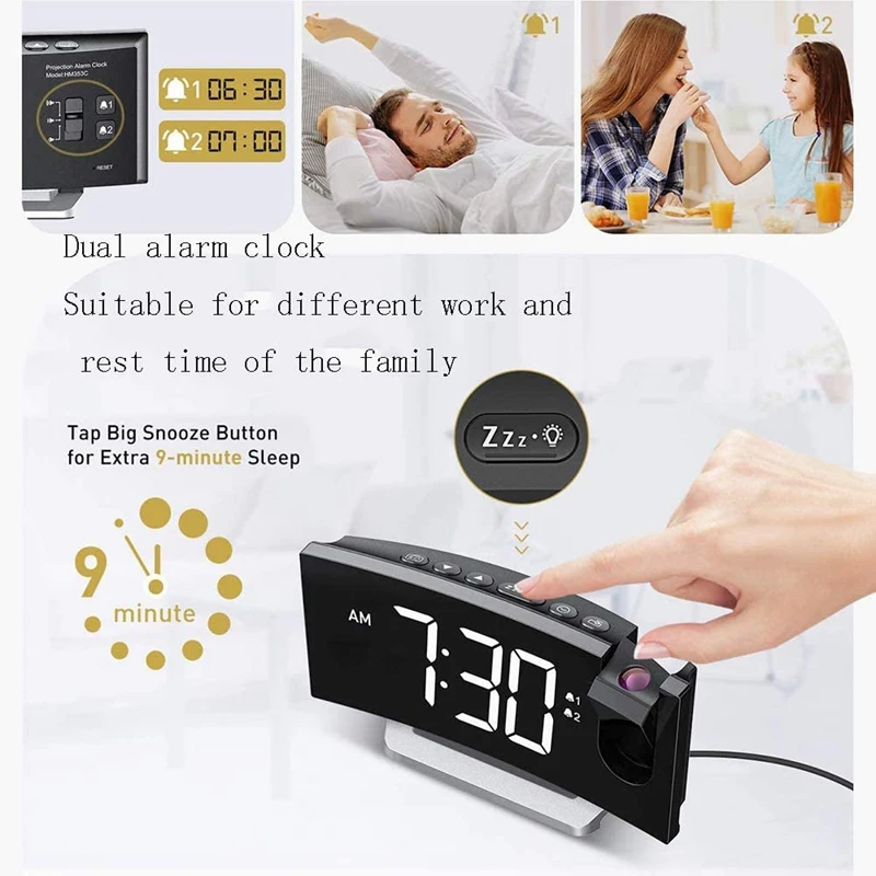 

FM Alarm Clock LED Large Digital Electronic Desk Clock Table USB Projector with Snooze Time Projection for Bedroom