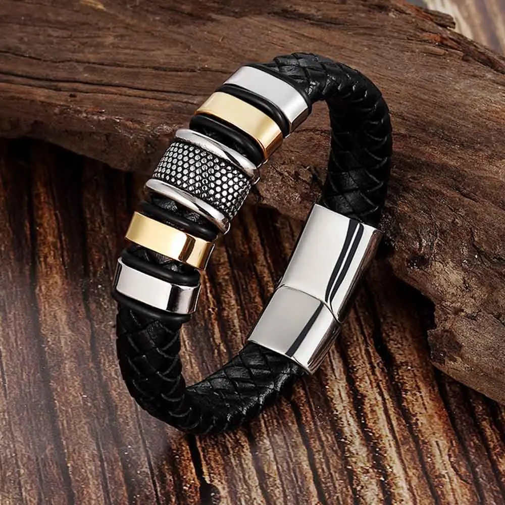 

9 styles to choose Genuine Leather cool black gold creative design stainless steel magnetic buckle charm men's leather bracelet
