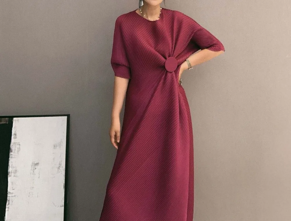 Miyake модное платье на запястье с коротким рукавом, с блестками, с круглым вырезом, со складками, на пуговицах, прямое платье