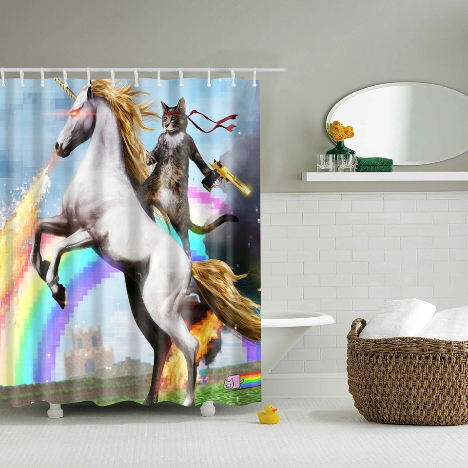 

High quality adventures of Unicorn and Cat Printed Shower Curtains Bath Products Bathroom Decor with Hooks Waterproof