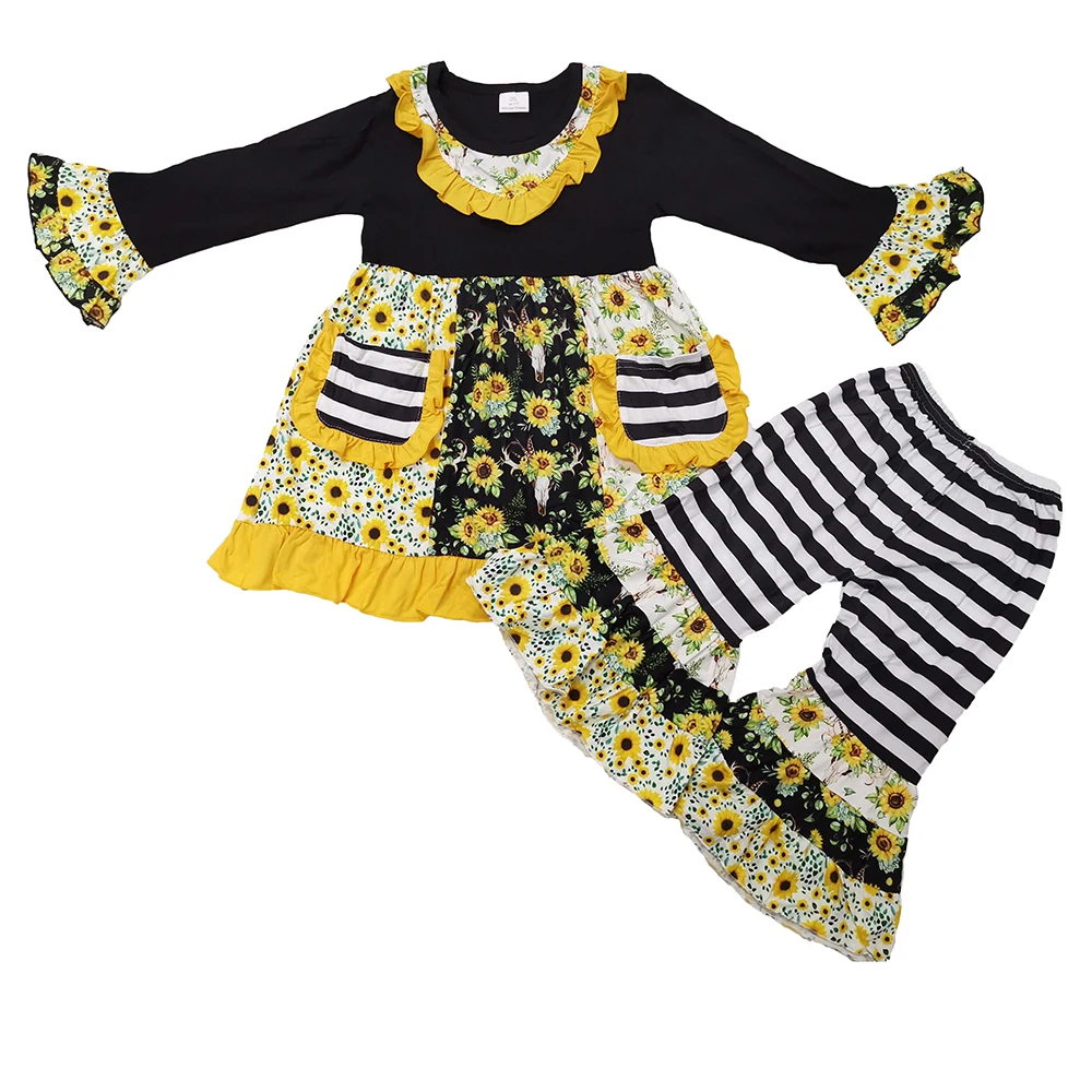 

Adorable Baby Girls Boutique Outfit Children Spring Vintage Sunflower Long Sleeve Tunic Ruffle Pants Clothes Kids Girl Wear