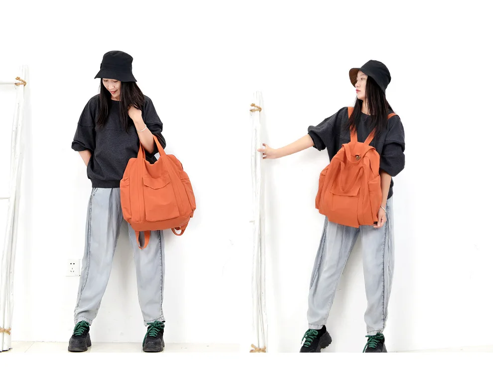 

Brief Style Cotton Fabric Backpack Women Bib Overalls Style Multi-pockets Foldable Casual Knapsack Bag Female Light Soft Daypack