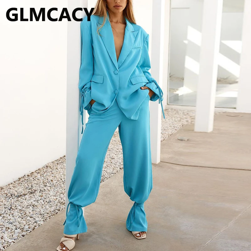 

2 Pieces Pants Sets Women Long Sleeve Single Breasted Blazer & Pants