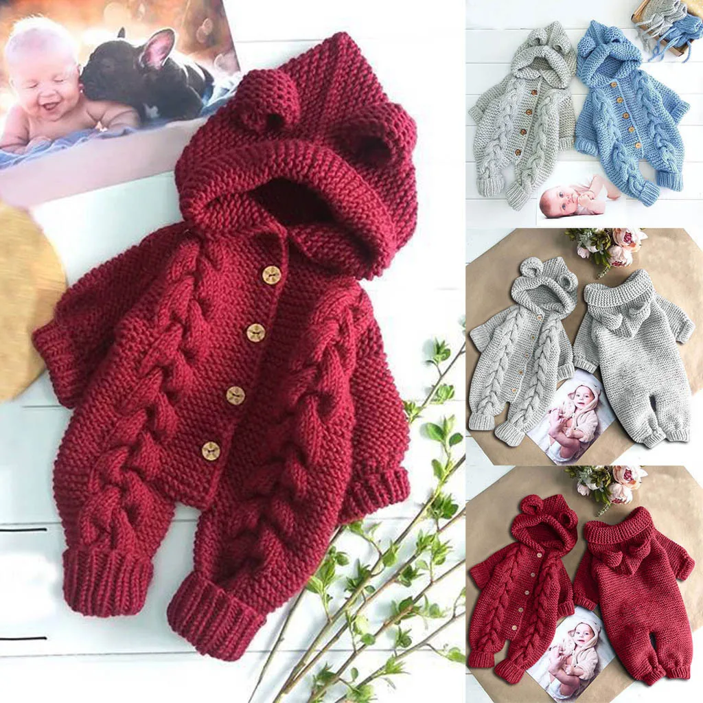 Пальто для малышей; зимнее теплое пальто с капюшоном для новорожденных девочек и мальчиков; вязаная верхняя одежда; комбинезон с капюшоном