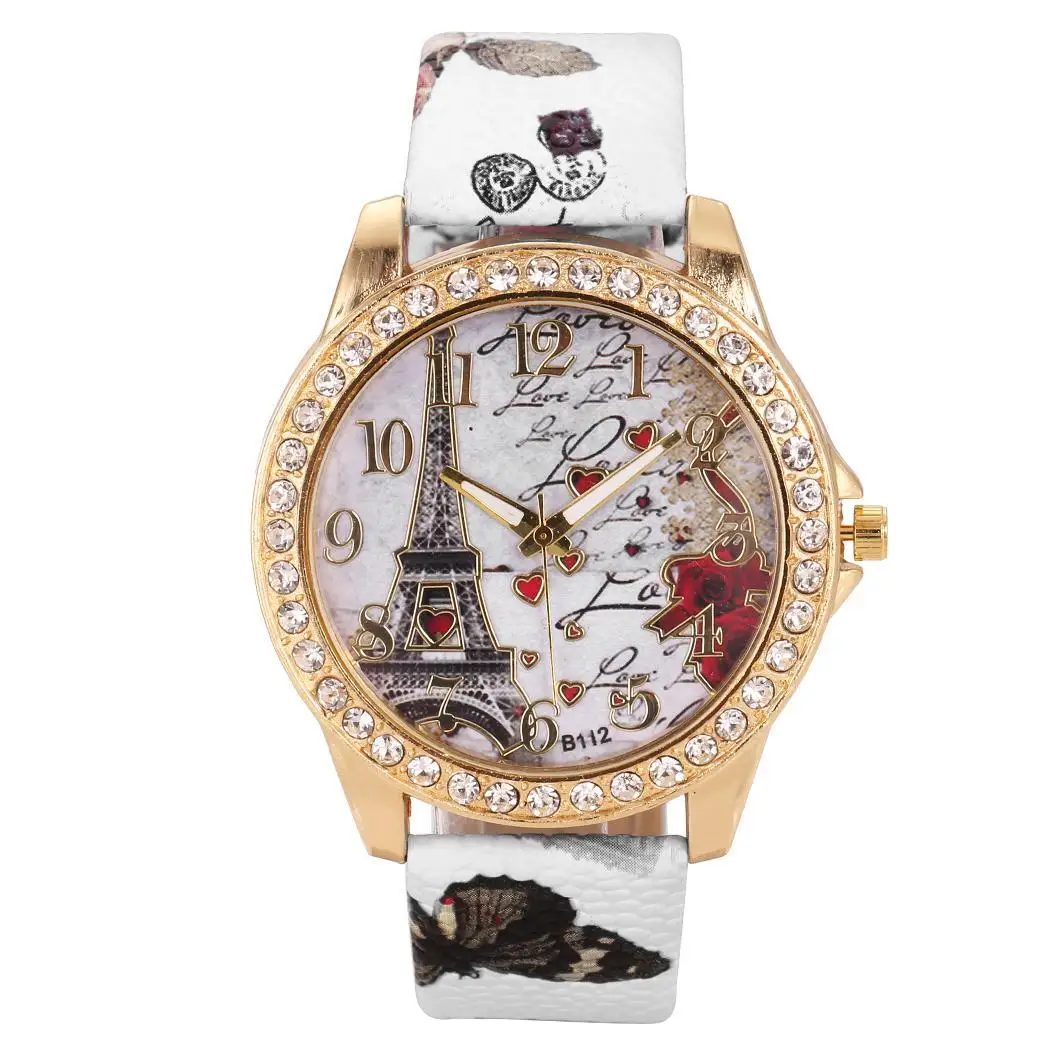Women Rhinestones Tower Pattern Dial Quartz Wrist Watch Print Band Watches Clock Wristwatch Girls Ladies Students Relojes | Наручные часы