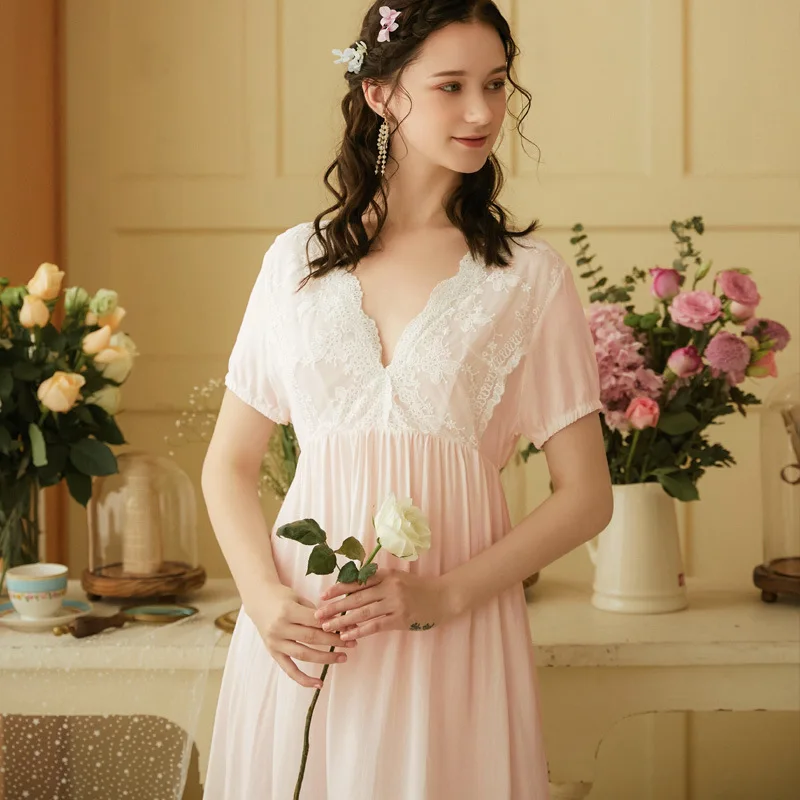 

Wasteheart Pink Women Homewear Female Sexy Sleepwear Nightdress Long Lace V Neck Nightwear Homewear Nightgown Sleepwear Court