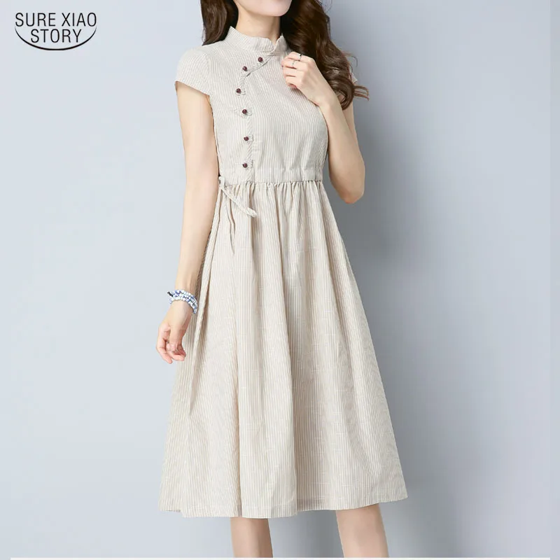 

Женское винтажное платье-трапеция, повседневное свободное платье из хлопка и льна в полоску, с шикарными пуговицами, весна-лето 4960