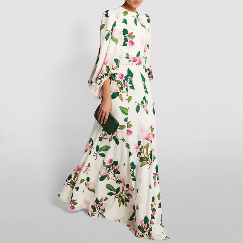 

Women's long dress fashion temperament Nordic style French print temperament lantern sleeve long dress women