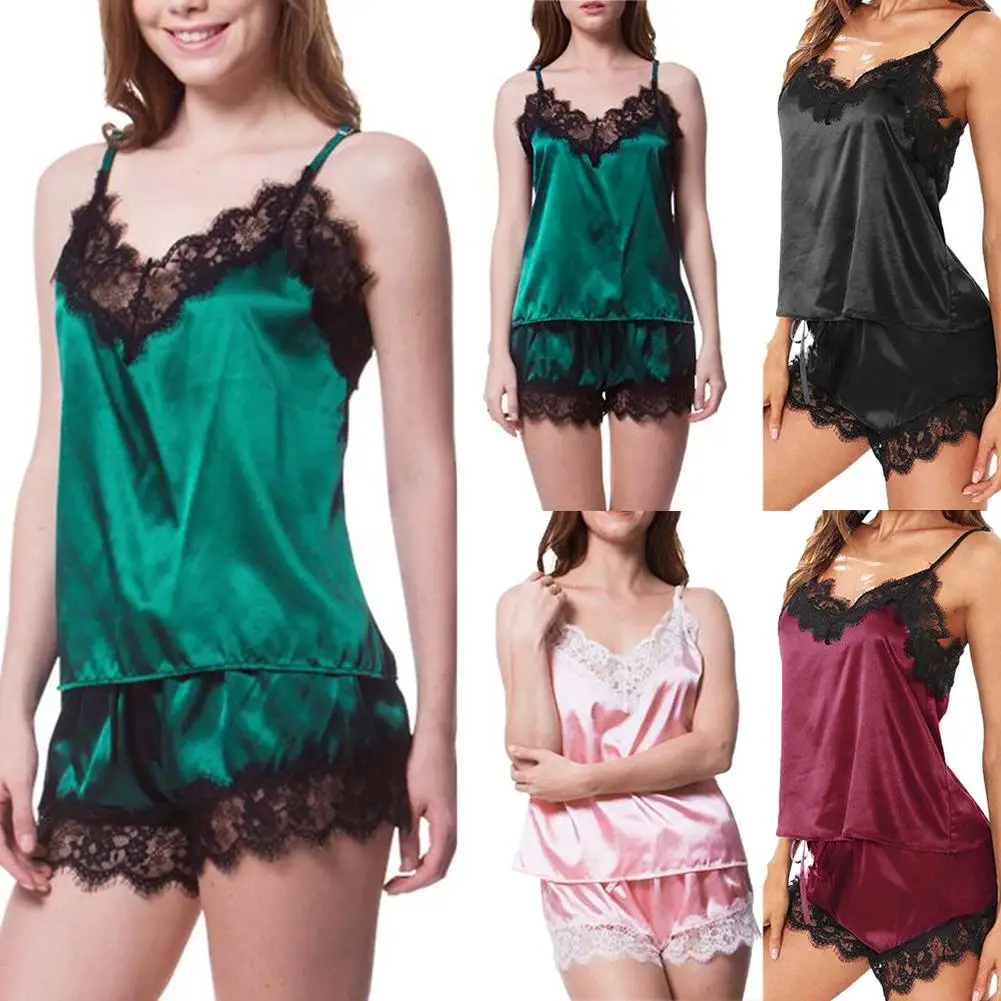 

2Pcs/Set Women Sexy Lace Slip Nightdress Lady Lace Imitation Silk V Neck Pajamas Shorts Sleepwear Nightwear Christmas gift