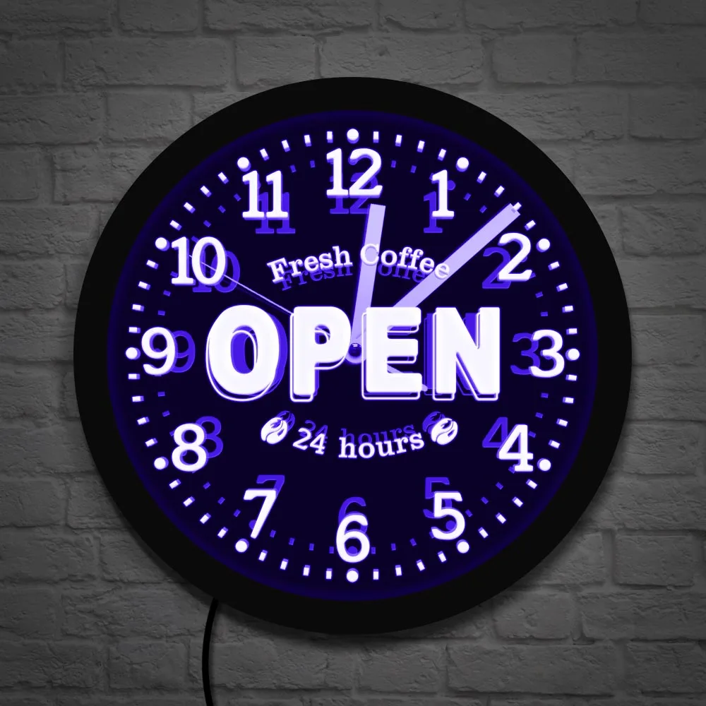 

Fresh Coffee Open 24 Hours LED Neon Sign Decorative Wall Watch Coffee Shop Business Lighting Multi Colors Cafe Bar Wall Clock